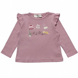 子供服 女の子 Tシャツ 半袖 ベビーサイズ 普段着 通園着 肩フリル付きバレエ＆白鳥＆音符総刺繍 ピンク パープル 秋冬 80cm 90cm 1歳 2歳 【むーのんのん moononnon】