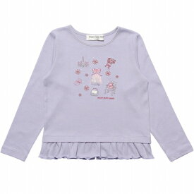 子供服 女の子 Tシャツ 長袖 普段着 通学着 綿100％ドレス＆お花＆小物モチーフ刺繍フリルつき アイボリー パープル 秋冬 80cm 90cm 100cm 110cm 120cm 130cm 140cm 150cm 1歳 2歳 3歳 4歳 5歳 6歳 7歳 8歳 9歳 10歳 11歳 12歳 13歳 160cm【むーのんのん moononnon】