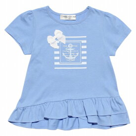 【アウトレットセール 110cm限定】子供服 女の子 Tシャツ 半袖 普段着 通学着 リボン＆フリル付きマリンモチーフプリント オフホワイト ブルー 春夏【むーのんのん moononnon】