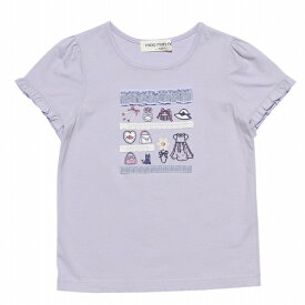 【アウトレットセール 100cm限定 110cm限定 140cm限定】子供服 こども 女の子 Tシャツ 半袖 春夏 可愛い 上品 袖 綿100％ ねこ フリル プリント 刺繍 オフホワイト パープル 発表会 お呼ばれ 誕生日 むーのんのん moononnon