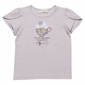 子供服 女の子 花柄 ティーカップ モチーフ チューリップ Tシャツ 半袖 夏服 綿100％ かわいい オフホワイト パープル 130cm 140cm 150cm 160cm 8歳 9歳 10歳 11歳 12歳 13歳 普段着 通学着 食事会【 むーのんのん moononnon 】