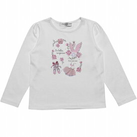 【アウトレットセール 110cm限定 150cm限定 160cm限定】子供服 女の子 Tシャツ 長袖 普段着 通学着 綿100％バレエモチーフ＆白鳥スワンプリント オフホワイト ブルー 春夏 【むーのんのん moononnon】