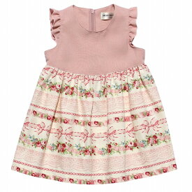【TIME SALE 13%OFF】子供服 女の子 ワンピース・ジャンパースカート ノースリーブ 日本製 お出かけ着 セミフォーマル 発表会 結婚式 ベビーサイズ花柄＆リボンプリントフリル付きギャザー ピンク 春夏 90cm 100cm 110cm 【むーのんのん MOONONNON】