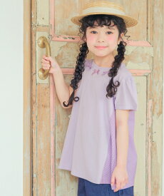 子供服 女の子 Tシャツ 半袖 普段着 通園 通学 チェック 切り替え リボン Aライン オフホワイト パープル 夏服 80cm 90cm 100cm 110cm 120cm 130cm 140cm 150cm 160cm 1歳 2歳 3歳 4歳 5歳 6歳 7歳 8歳 9歳 10歳 【むーのんのん moononnon】