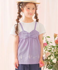 子供服 女の子 Tシャツ 半袖 ストライプ柄 リボン付き 音符 プリント 重ね着風 Aライン ネイビー オフホワイト パープル 夏服 80cm 90cm 100cm 110cm 120cm 130cm 140cm 150cm 160cm 1歳 2歳 3歳 4歳 5歳 6歳 7歳 8歳 9歳 10歳 11歳 12歳 【むーのんのん moononnon】
