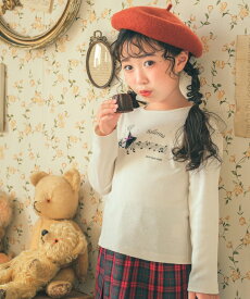 子供服 女の子 Tシャツ 秋冬 長袖 キッズ ジュニア 普段着 通学 女の子モチーフ 音符 ピアノ 五線譜 ロゴ プリント チュール オフホワイト パープル 120cm 130cm 140cm 150cm 160cm 6歳 7歳 8歳 9歳 10歳 11歳 12歳 13歳 【むーのんのん moononnon】