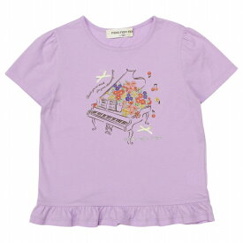 TIME SALE 5/23 20：00- 5/27 1:59　子供服 女の子 Tシャツ 半袖 綿100％ ベビー キッズ ジュニア お花 ピアノ 音符 プリント フリル コットン オフホワイト パープル 80cm 90cm 100cm 110cm 120cm 130cm 140cm 150cm 160cm むーのんのん moononnon