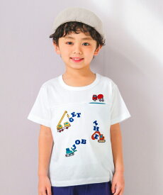 【送料無料】子供服 男の子 Tシャツ 春夏 半袖 子ども服 こども キッズ ベビー 綿 コットン 働く車 ロゴ 刺繍 チェック柄 切り替え グリーン オフホワイト 80cm 90cm 100cm 110cm 120cm 130cm 1歳 2歳 3歳 4歳 5歳 6歳 7歳 8歳 9歳 10歳 【むーのんのん moononnon】