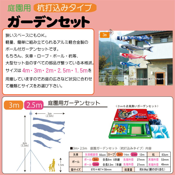 楽天市場】豪 2.5m6点 鯉3匹 杭打込みタイプ 徳永鯉 庭園用ガーデン 