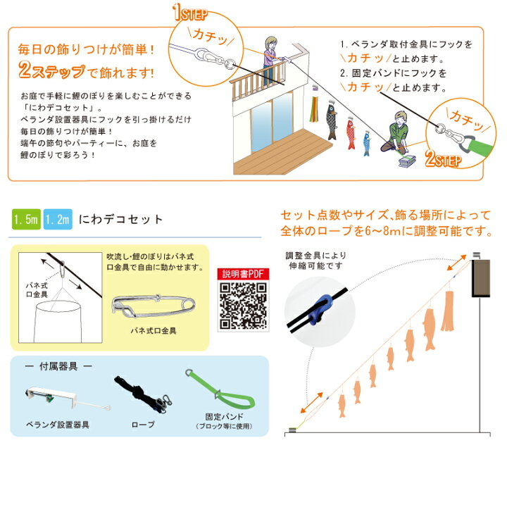 楽天市場】吉兆 1.2m6点 鯉3匹 にわデコセット 徳永鯉 こいのぼり 