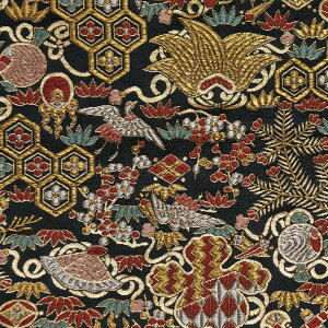 金襴 生地 西陣織 吉祥紋様に鶴 濃い紺 不織布貼り無し h-1 和柄生地 つまみ細工 和風生地 和柄 金襴