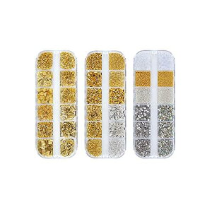 YFFSFDC ネイルパーツ 3本セット 金属パーツ ネイルデザイン アクセサリー デコパーツ 四角 三角 丸 パール フレークパーツ ネイルアート ネイルスタッズ ネイル デコレーション ゴールドネイ
