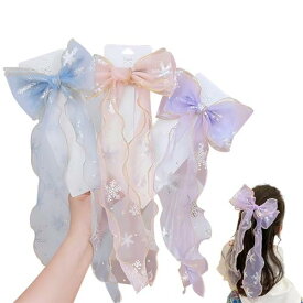 Coollooda バレッタ ヘアピン ヘアクリップ (3点セット) リボン 蝶結び 髪飾り プリンセス リボン ヘアアクセサリー 髪を傷めない 可愛い おしゃれ 子供 発表会 誕生日 コスプレ 撮影 パーティー 跡がつかないヘアピン ピンク パープル ブルー