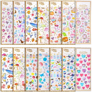 SANNIX キラキラシール 女の子 14シート ごほうびシール 手帳ステッカー ぷくぷく シール キラキラ ハート 立体 デコ ステッカー ごほうび スケジュール帳 天体心柄と猫魚