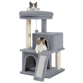 PAWZ Road キャットタワー 低い シニア 短足 子猫 スリム ミニ 小型 猫タワー 2段ベッド コンパクト 省スペース 据え置き おもちゃ 多頭飼い 猫爪研ぎポール 麻紐スロープ 安定 - 高さ86cm グレー