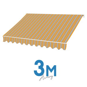 オーニングテント 3M 張出 2m 巻き取り式 防水 格納式 手動 白フレーム ストライプ イエロー ホワイト 折りたたみ 折り畳み 伸縮 日除けシェード サンシェード スクリーン 日よけ 雨よけ ベラ