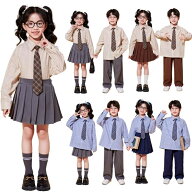 ダンス衣装 子供兼用 発表会衣装 セットアップ 長袖ストライプシャツ ネクタイ 女の子用プリーツスカート…