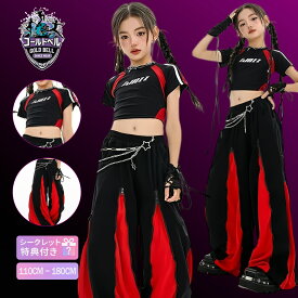 子供女の子 ダンス衣装 ヒップホップ ストリート セットアップ クロップド半袖Tシャツ+ワイドパンツ 黒/赤 発表会 ステージ レッスン 団体衣装 舞台衣装 イベント おしゃれ かっこいい 【HIP-HOP】ダンス衣装 子供-女の子