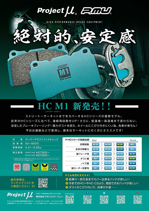 楽天市場】Projectμ プロジェクトミュー ブレーキパッド HC M1 エイチ 