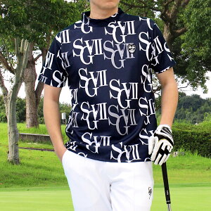 送料無料 ゴルフウェア モックネックシャツ メンズ GIORNO SEVEN ジョルノセブン ハイネックTシャツ ポロシャツ 半袖 トップス 総柄 ロゴ ストレッチ 吸湿速乾ドライ カットソー スポーツ 春夏