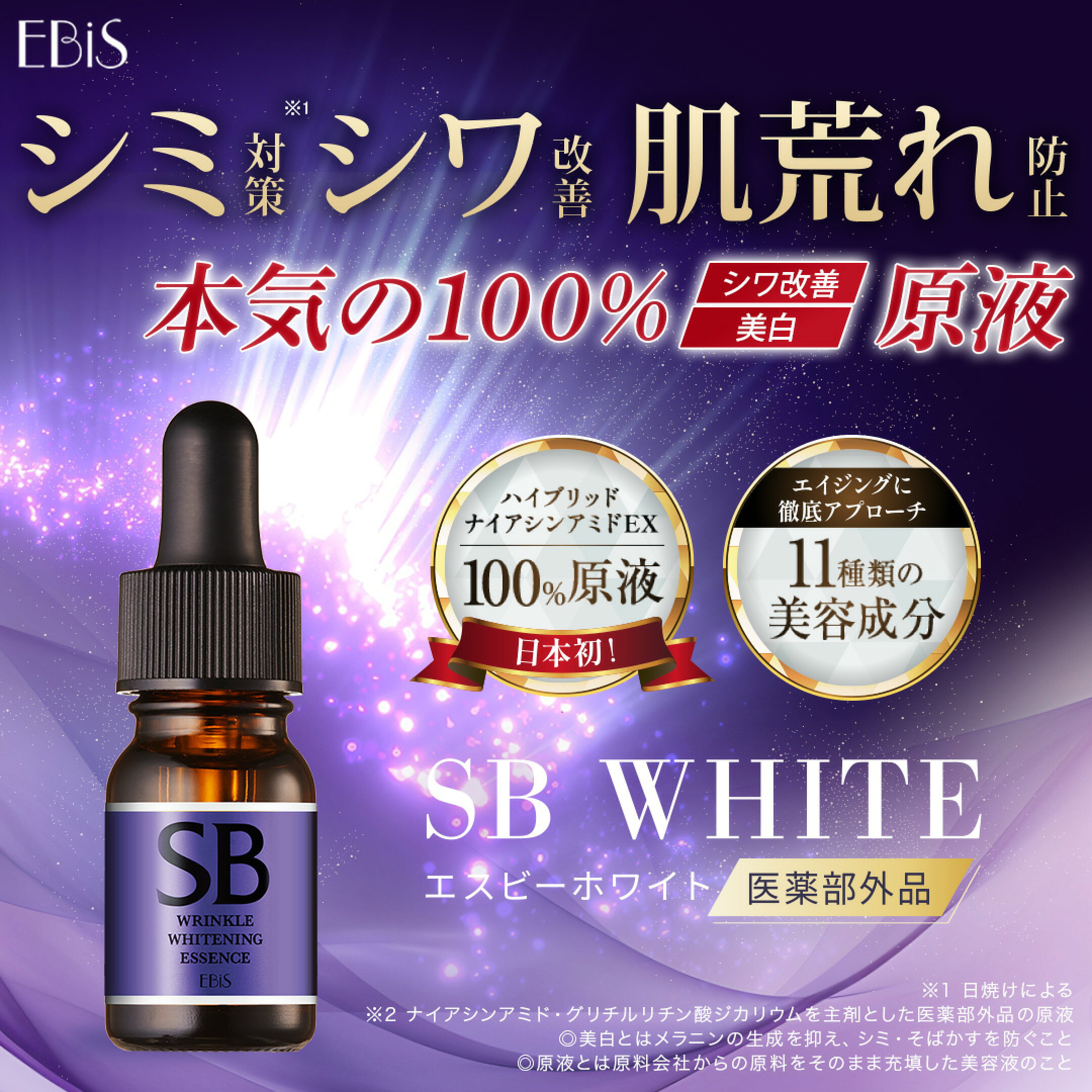 日本初! シワ・シミ・肌荒れに速効ケア!  トリプル効果の薬用シワ改善美白原液