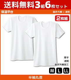 送料無料3組セット 計6枚 保温平台 遠赤外線加工 速乾 厚手スムース クルーネックTシャツ 半袖丸首 2枚組 グンゼ GUNZE 綿100% 防寒インナー 温感|暖かい メンズ 冬 男性下着 男性用 温かい 男性肌着 メンズ肌着 あったか下着 紳士肌着 あったか 寒さ対策 肌着 インナー 秋冬