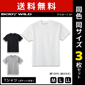 送料無料3枚セット BODYWILD ボディワイルド ポケット付き ヘビーウェイトTシャツ クルーネック グンゼ GUNZE ボディーワイルド BODY WILD 綿100％ | メンズ 男性 紳士 厚手 Tシャツ 半袖 半そで ヘビーウェイト 無地 厚め 白Tシャツ 白T ポケットTシャツ おしゃれ シンプル