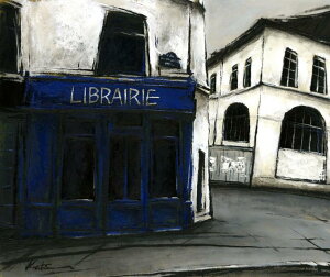 パリ 風景画 絵画 油絵 中野克彦 「街角の青い本屋」 額付き　国内送料無料