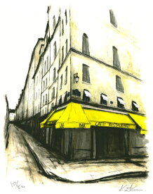 パリ 風景画 絵画 フランス カフェ ジークレー 版画 中野克彦 「街角の黄色いひさしのあるカフェ・G」 額付き　国内送料無料