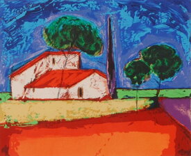 ロジェ・ボナフェ 絵画 南仏 風景画 リトグラフ 版画 「赤い屋根」 額付き　国内送料無料