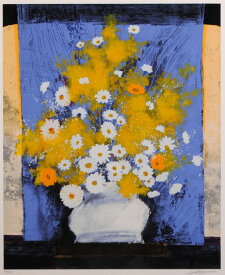 【作家名】武井政之　【作品名】青いスクリーンを背景に　花　絵画　マーガレット　静物画　版画　シルクスクリーン　額付き　インテリア　送料無料