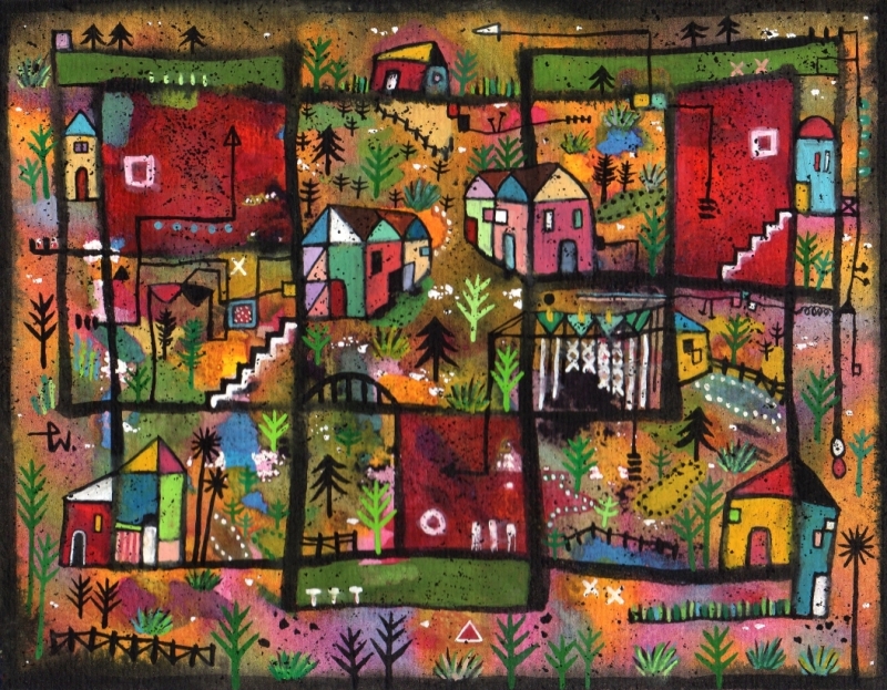 若松愛子さんが水彩画の絵画で描いた抽象画「夢の中の町」は２００９年７月に描かれた抽象画の絵画です。 【作家名】若松愛子【作品名】夢の中の街
