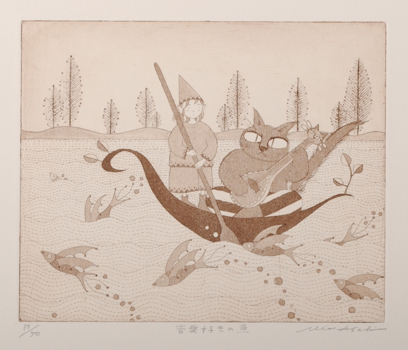 朝日みおさんがエッチングとアクアチントの技法を併用して制作した猫の銅版画「音楽好きの魚」は、マンドリンのような楽器を弾いている猫が、とても可愛い銅版画作品です。  【作家名】朝日みお 【作品名】音楽好きの魚