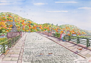 【作家名】内藤謙一 【作品名】ハイデルベルク4  ドイツ 風景画 絵画 カール・テオドール橋 水彩画 額付き インテリア 送料無料