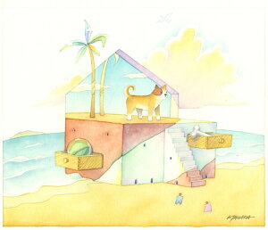 【作家名】田原健二 【作品名】ふたつの世界 犬 絵画 水彩画 インテリア プレゼント 額付き 国内送料無料