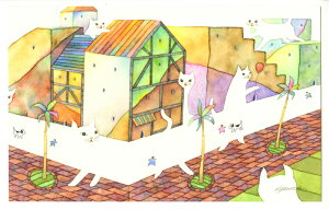 【作家名】田原健二 【作品名】ネコタウン 猫 絵画 水彩画 インテリア プレゼント 額付き 国内送料無料