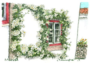 ポルトガル 絵画 風景画 水彩画 インテリア 高橋文平 「赤い窓枠と白い花たち」 額付き　国内送料無料