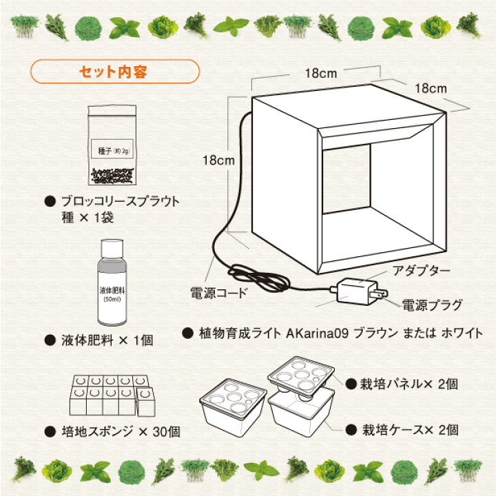 楽天市場 植物育成ライト ブロッコリースプラウト 種 栽培ケースセット Akarina09 液体肥料 スポンジ 白 Mai09植物栽培 多肉植物 サボテン 苔玉 蘭 鉢植え 観葉植物 盆栽 水耕栽培 室内栽培 ガーデニング 家庭菜園 灯り工房 Motom モトム