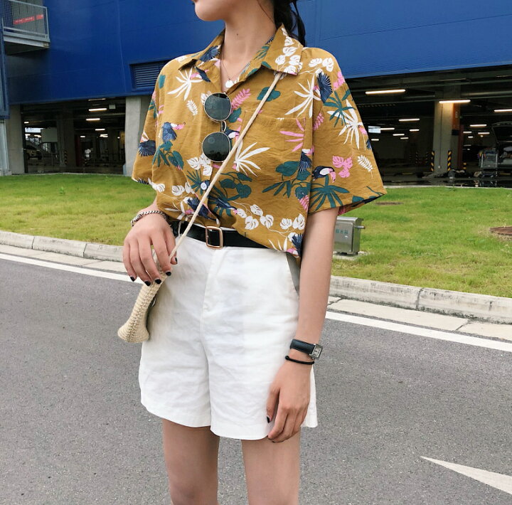 送料無料 半袖シャツ ボタニカル柄 半袖 シャツ ブラウス 総柄 プリント 鳥 リーフ アロハシャツ レディース Vネック トップス 胸ポケット カジュアル motto-motto トップス シャツ ブラウス 半袖シャツ レディース Vネック 総柄