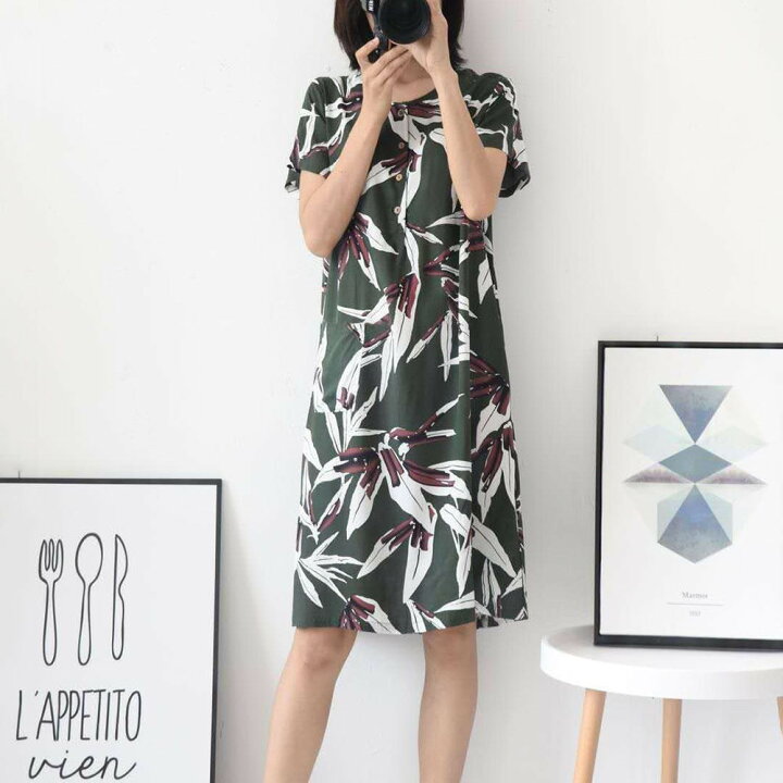 楽天市場 送料無料 ルームウェア ワンピース レディース パジャマ 半袖 ヘンリーネック 膝丈 膝上 ポケット ボタニカル柄 スイカ リーフ 可愛い おしゃれ 女子力アップ 春服 夏服 ナチュラル 部屋着 モンステラ 植物 葉 ノーカラー チュニック Tライン Motto Motto