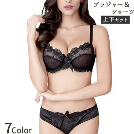 送料無料 ブラジャー ショーツ 2点セット 上下セット レディース 3/4カップ スタンダードショーツ パンツ レース シースルー 透け感 セクシー かわいい おしゃれ ノンパテッド パンティー ランジェリー 下着 インナー リボン 女性用 婦人用