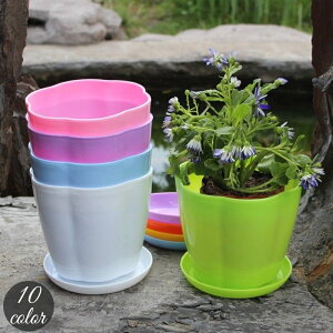 送料無料 植木鉢 受け皿付き フラワーポット プランター プラ鉢 丸型 ラウンド型 プラスチック製 観葉植物 多肉植物 園芸 ガーデニング かわいい おしゃれ カラバリ豊富 ホワイト ブラック