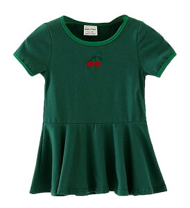 送料無料 半袖ワンピース キッズ ベビー 女の子 子供服 丸首 ラウンドネック プルオーバー 膝丈 フレアスカート さくらんぼ 刺繍 かわいい おしゃれ ガーリー カジュアル お出かけ