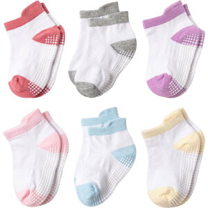 送料無料 子供用ショートクルーソックス 6足セット キッズ ベビー 子ども 靴下 くつ下 滑り止め付き 防滑 伸縮 通気 保温 吸水性 無地 単色 ボーダー バイカラー ソリッドカラー シンプル カ