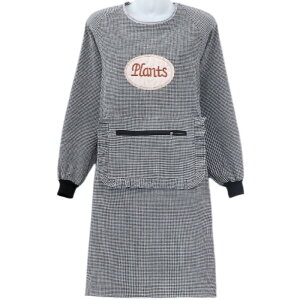 送料無料 エプロン 割烹着 割ぽう着 前掛け ギンガムチェック エプロンコート 長袖 ポケット付き レディース 女性 背中紐 袖リブ ファスナー ギャザー フリル 刺繍 ロゴ入り 格子柄 ラウンド