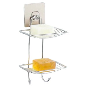 送料無料 ソープディッシュ 石けんケース 2段 壁掛け 吊り下げ メッシュ 水切り フック付き 石鹸ホルダー せっけん置き 石けん皿 浴室 バスルーム お風呂場 洗面所 粘着テープ 貼り付け 工具
