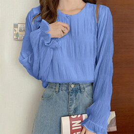 【12/10 50%OFFクーポン対象】ブラウス ギャザー トップス シャーリング シフォン 長袖 シャーリング 透け感 シアー フリル フレア袖 ボリュームスリーブ 重ね着 レイヤード 体型カバー お出かけ オフィスカジュアル 40代 50代 60代 ワンピスター