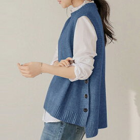 【11/16　50%OFF！クーポンで】ニットベスト ニットトップス 重ね着 サイドボタン トップス 体型カバー プルオーバー 無地 きれいめ ゆったり 大きめ レイヤード 20代 30代 40代 50代 60代 ワンピスター