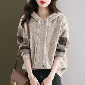 ケーブル編みボーダー袖フード付きニット レディース ニット パーカー ケーブル編み ストライプ袖 長袖 体型カバー カジュアル 春 秋 冬 20代 30代 40代 50代 ワンピスター
