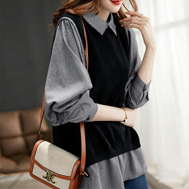 【4/19 50%OFF！2点購入クーポンで】チェックシャツ×ベスト風トップス レディース トップス ニット シャツ ベスト シャツレイヤード チェック柄 襟付き 通勤 春 秋 20代 30代 40代 50代 ワンピスター